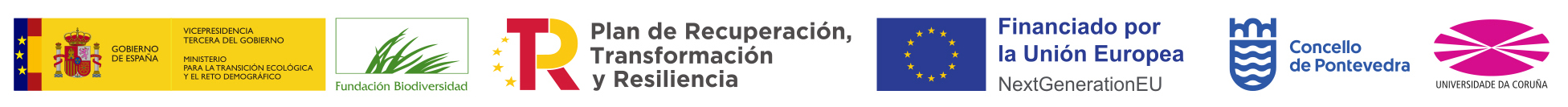 Gobierno de España - Ministerio para la Transición Ecológica y el Reto Demográfico | Fundación Biodiversidad | Plan de Recuperación Transformación y Resiliencia | Financiado por la Unión Europea (NextGenerationEU) | Concello de Pontevedra | Universidade da Coruña