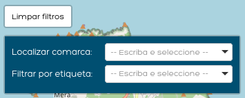 Localizador de comarca, filtro por etiquetas e limpador de filtros